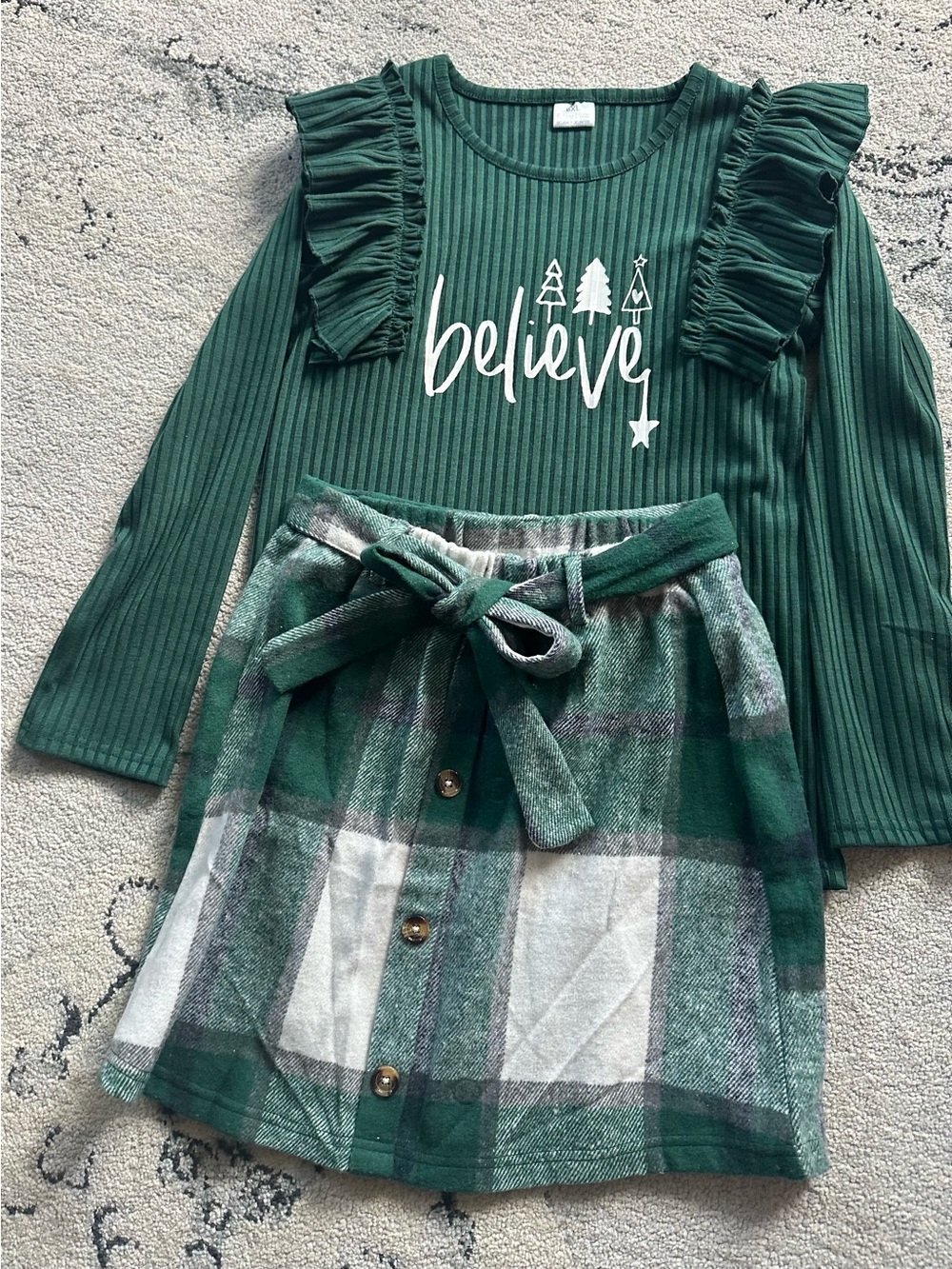 Girls XL Holiday Outfit Set - Green "Believe" Ruffle Sleeve Top & Plaid Skirt Se